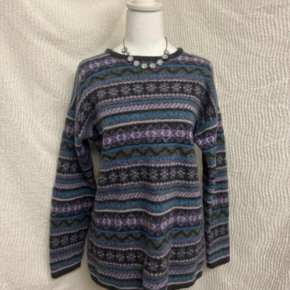 Vintage Maglia Donna Wool Blend Sweater L Italy Gray Purple Blue Striped Boho - Picture 3 of 8